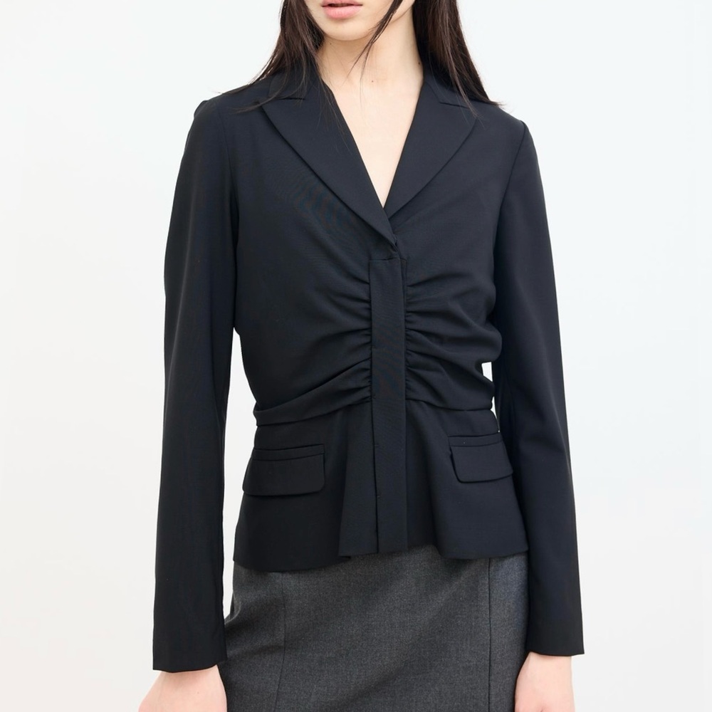 WORTH Black Wool-Blend Gathered Ruched Blazer Shirt Women’s Size Medium